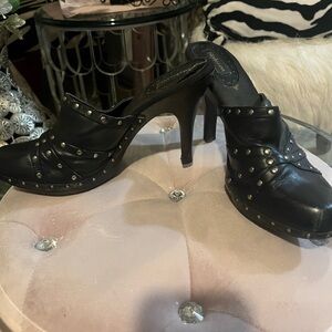 Studded Black Leather High-Heel Mule - Women